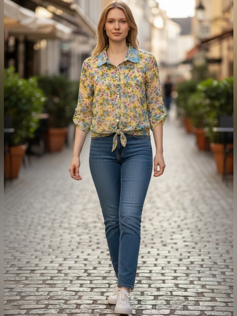 Daytrip Cream/Blue & Pink Rose Sheer Front Tie Button Down Lace Cropped Blouse